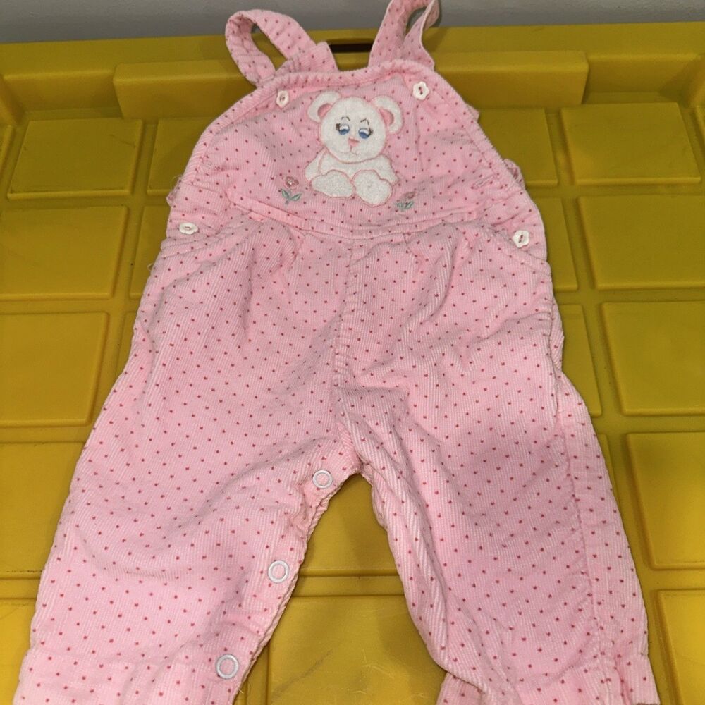 VINTAGE BABY GIRL Pink CORDUROY OVERALLS WITH EMROIDERED FLOWERS & Bear 3-6 MON